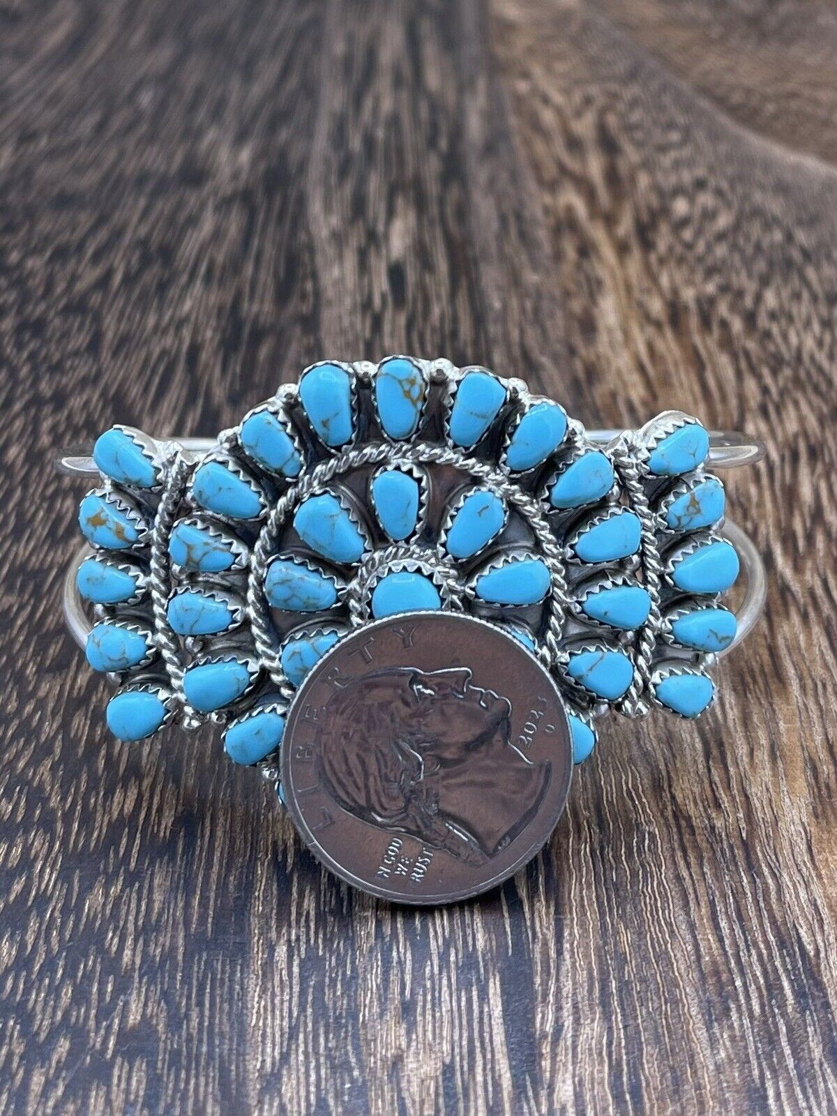 Native American Navajo Handmade Sterling Silver Turquoise Cluster Cuff Bracelet