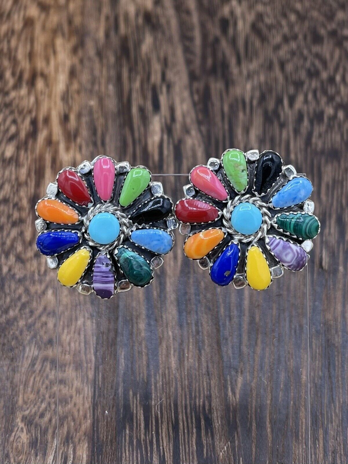 Native American Navajo Handmade Sterling Silver Multicolor Cluster Stud Earrings