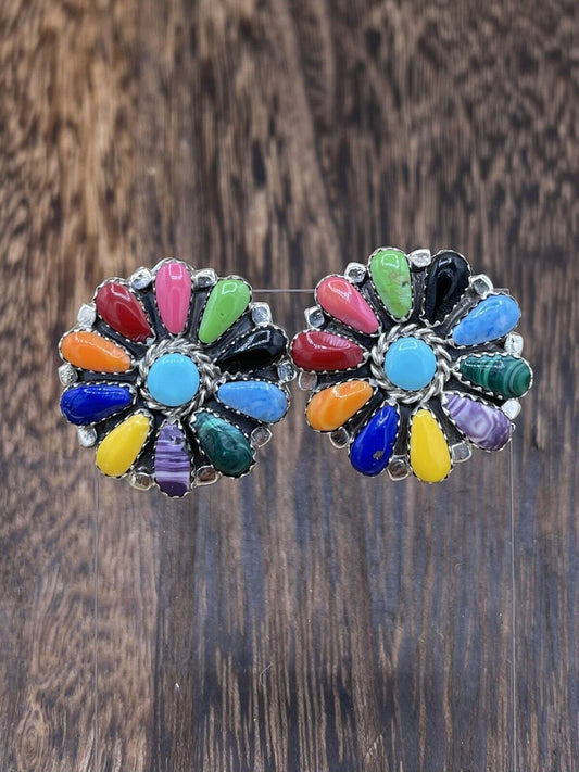 Native American Navajo Handmade Sterling Silver Multicolor Cluster Stud Earrings