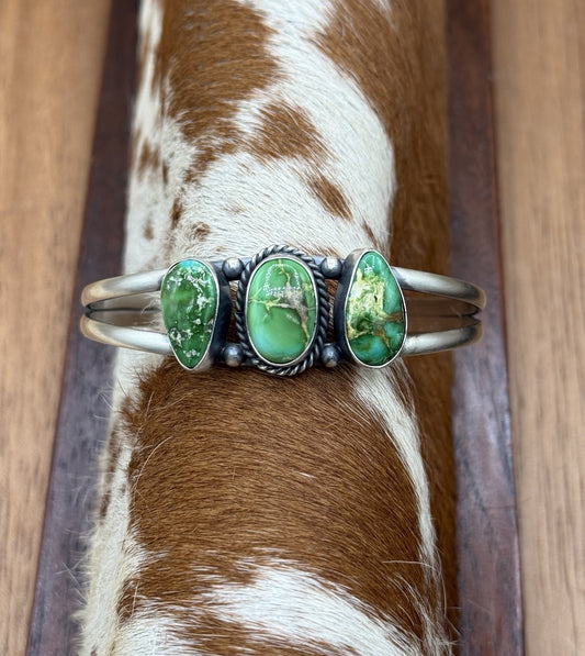 Navajo Handmade Sterling Silver Sonoran Gold Turquoise Cluster Cuff Bracelet