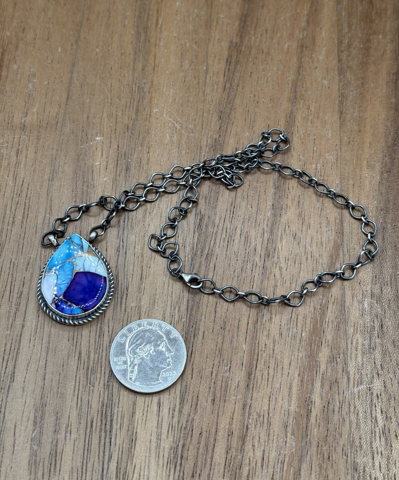 Navajo Handmade Sterling Silver Violet Rose & Blue Dahlia Bar Necklace 18”