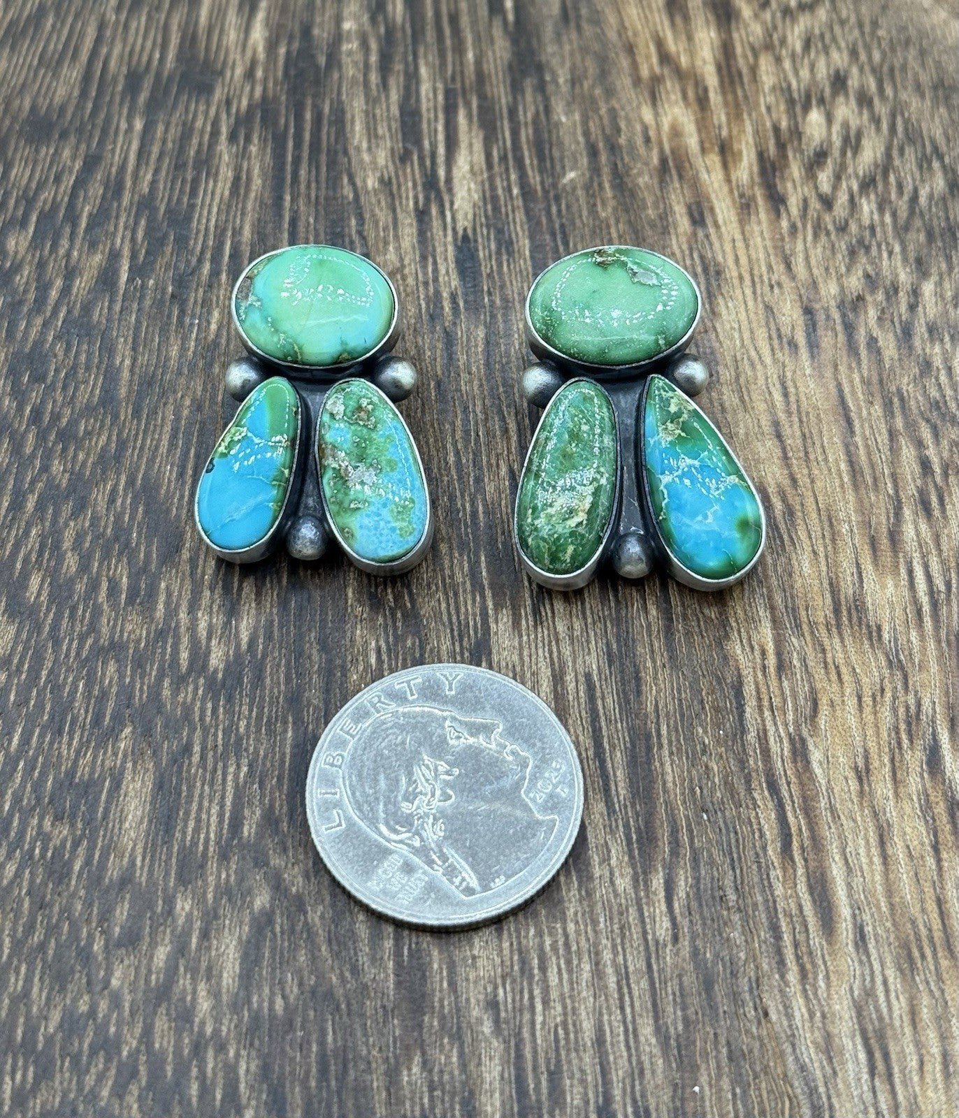 Navajo Handmade Sterling Silver Sonoran Gold Turquoise Post Cluster Earrings