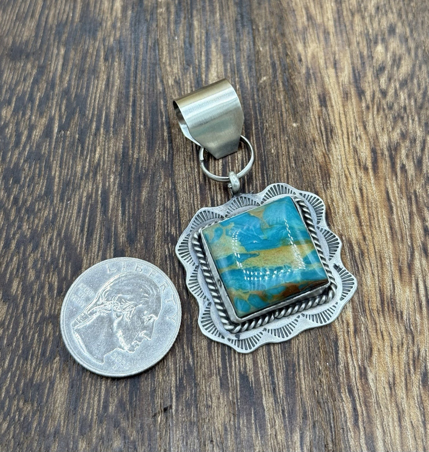 Navajo Handmade Sterling Silver Royston Turquoise Stamped Design Drop Pendant