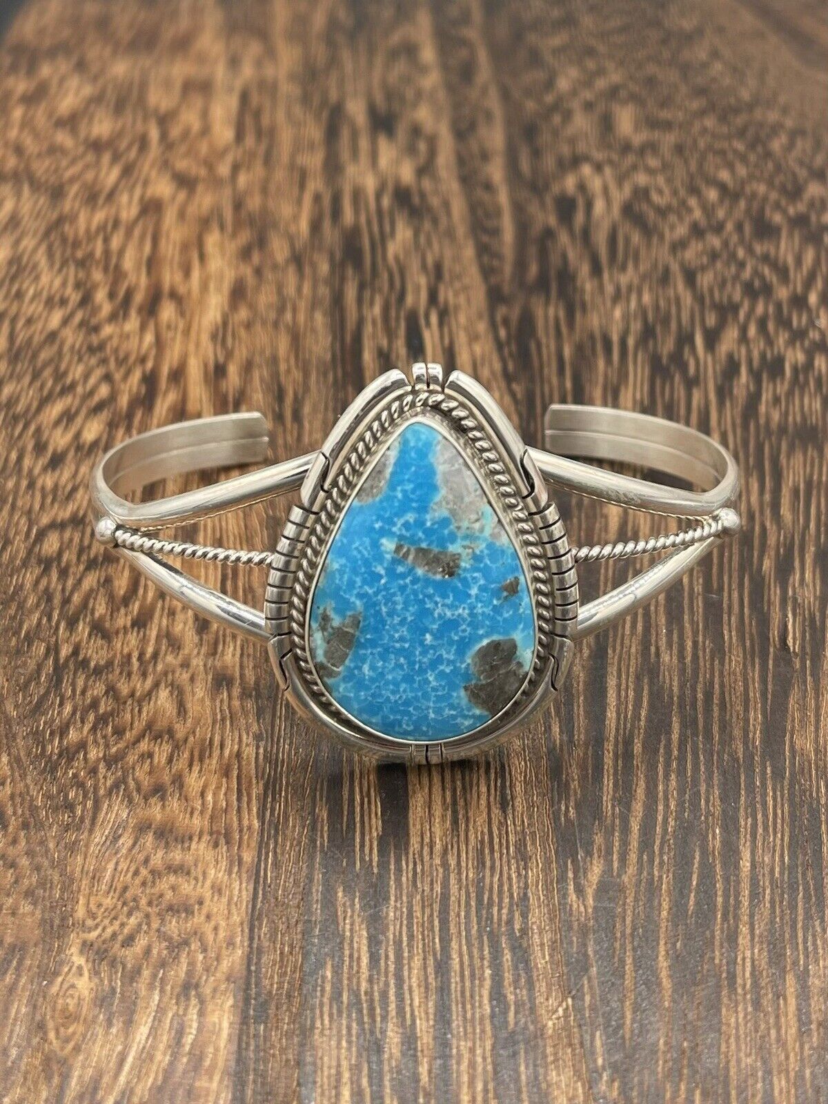 Native American Sterling Silver Navajo Handmade Kingman Turquoise Cuff Bracelet