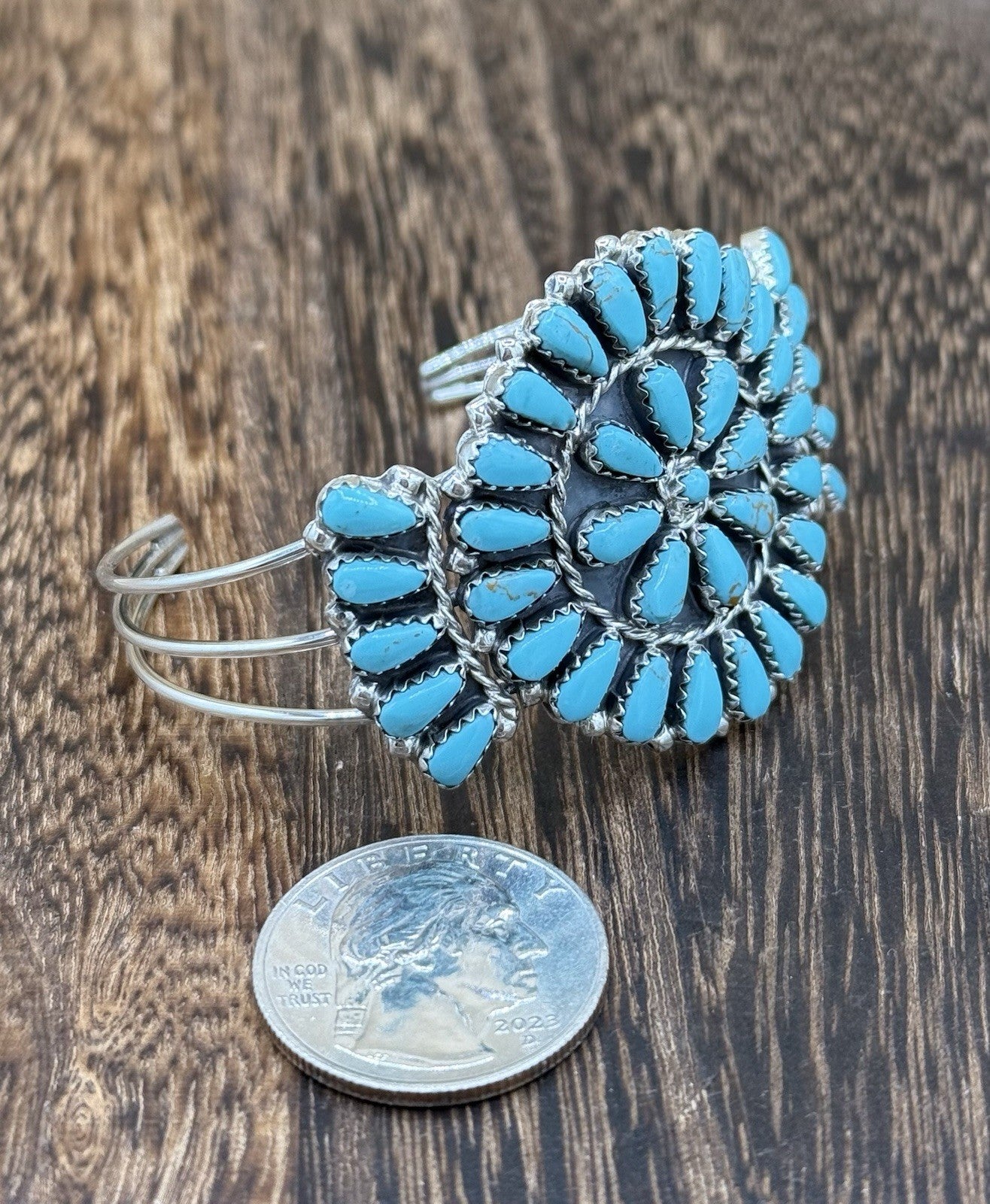 Native American Navajo Handmade Sterling Silver Turquoise Cluster Cuff Bracelet