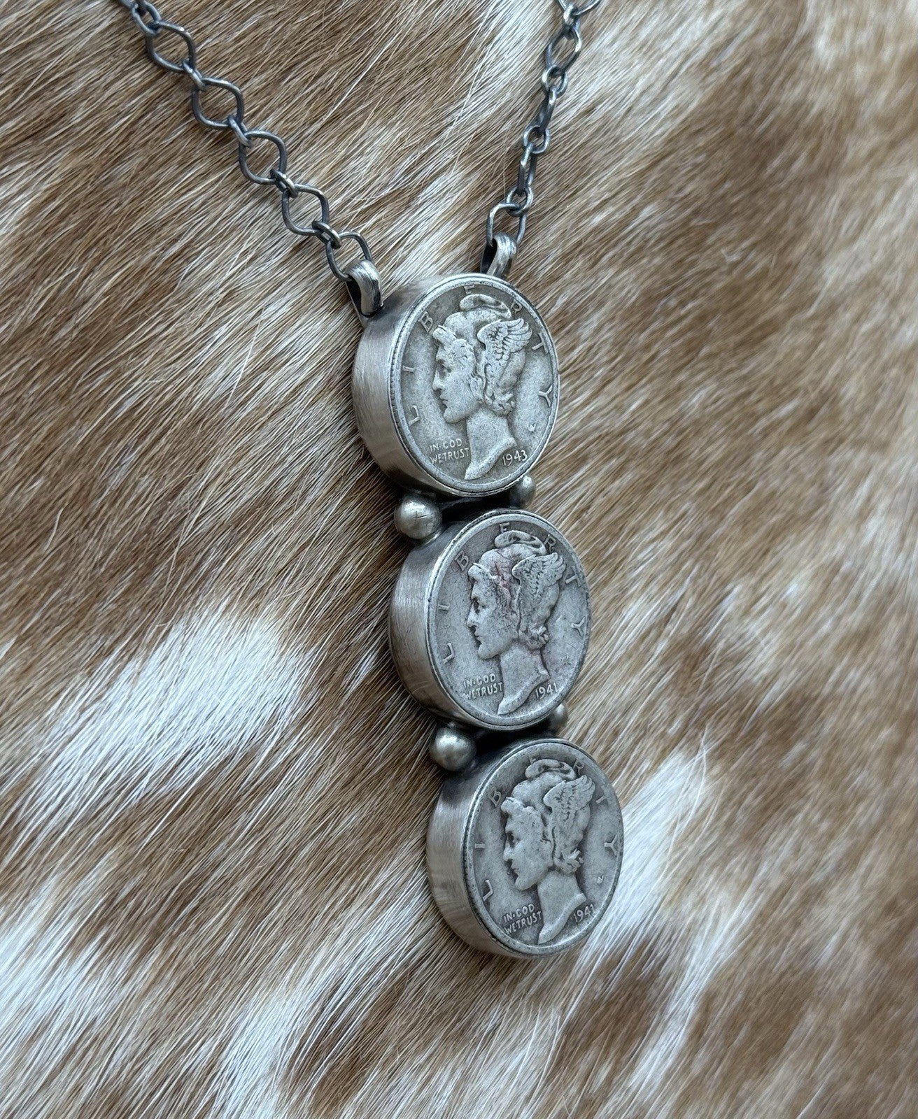 Navajo Handmade Sterling Silver Liberty Dime Cluster Bar Lariat Necklace 18”