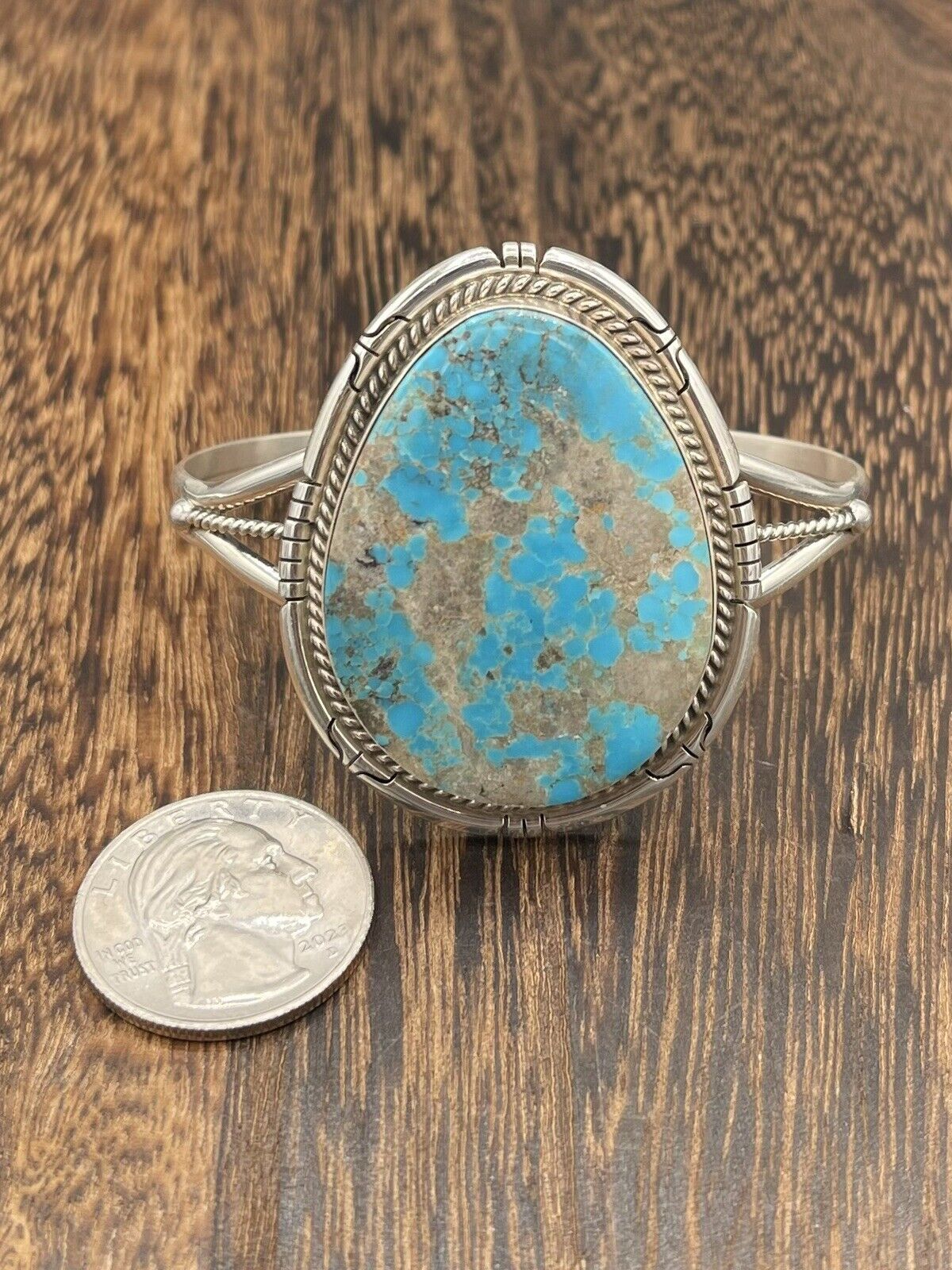 Native American Sterling Silver Navajo Handmade Kingman Turquoise Cuff Bracelet