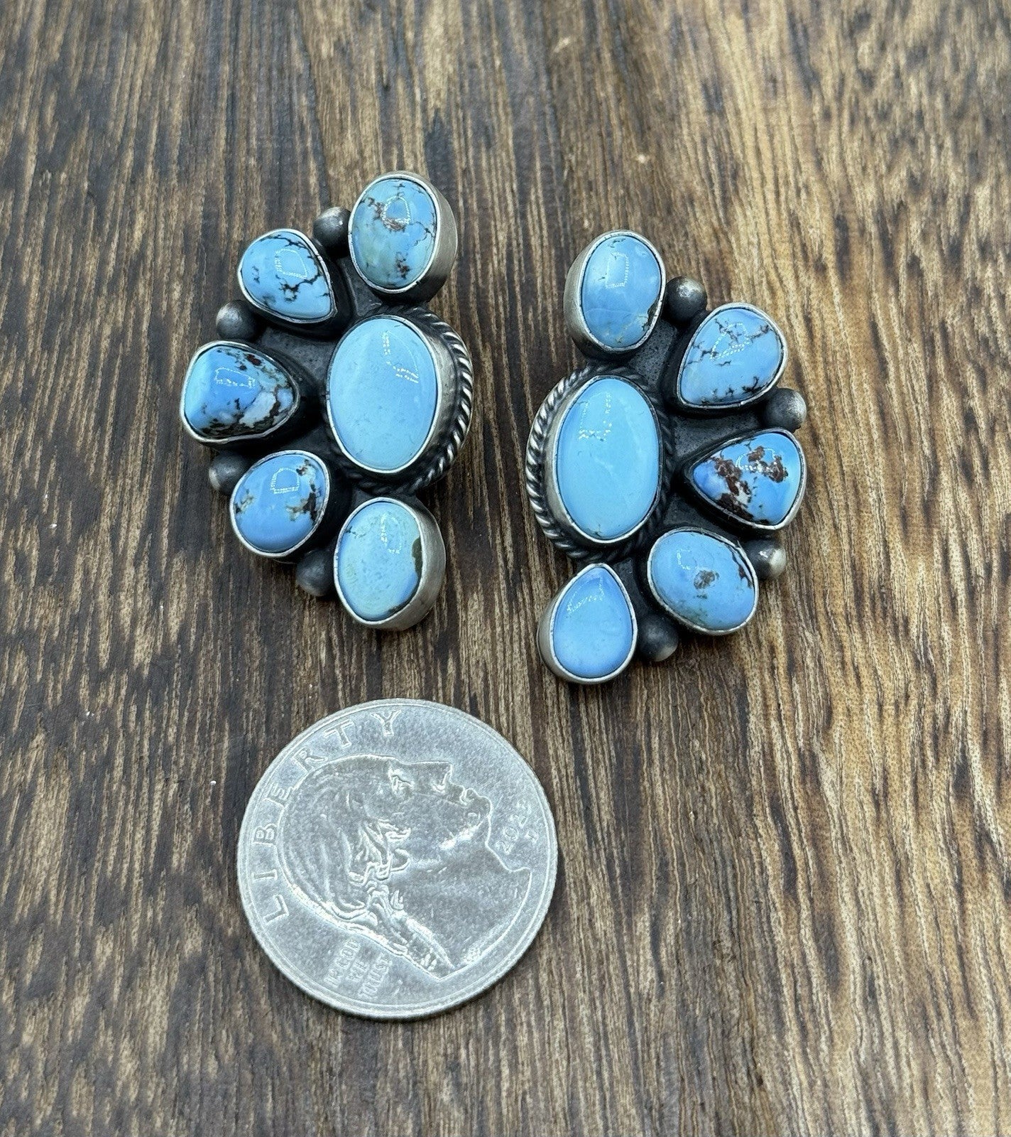 Navajo Handmade Sterling Silver Golden Hills Turquoise Post Cluster Earrings