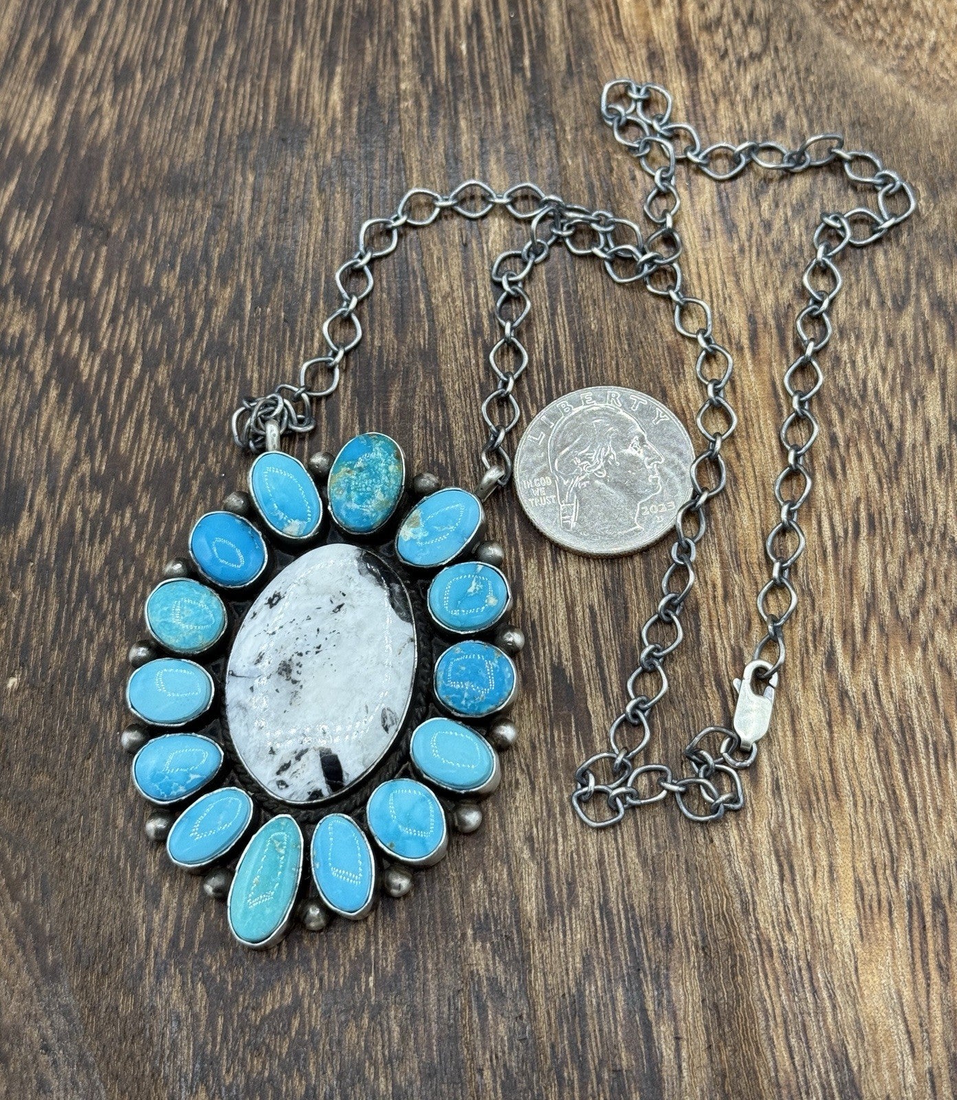 Navajo Handmade Silver Blue Ridge Turquoise & White Buffalo Cluster Necklace