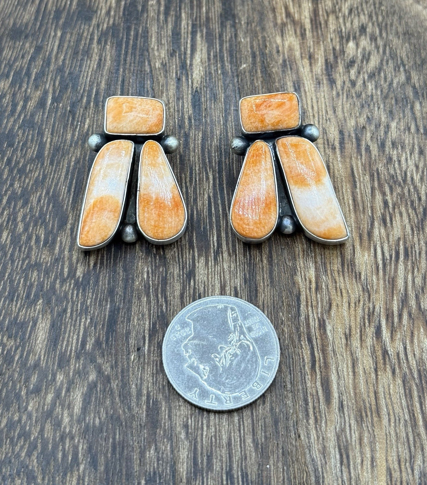 Navajo Handmade Sterling Silver Orange Spiny Oyster Shell Post Cluster Earrings