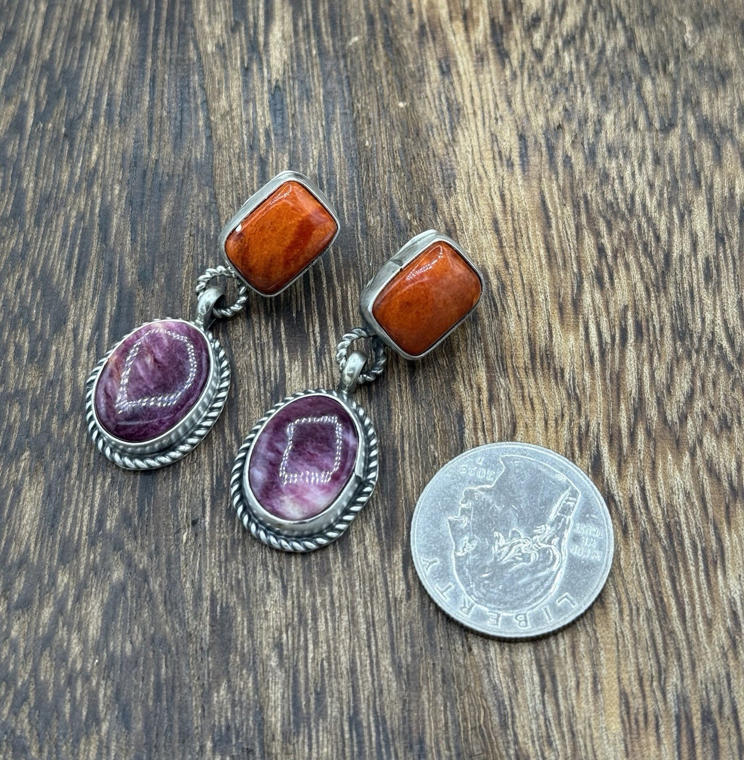 Navajo Handmade Sterling Silver Mixed Spiny Oyster Shell Post Dangle Earrings