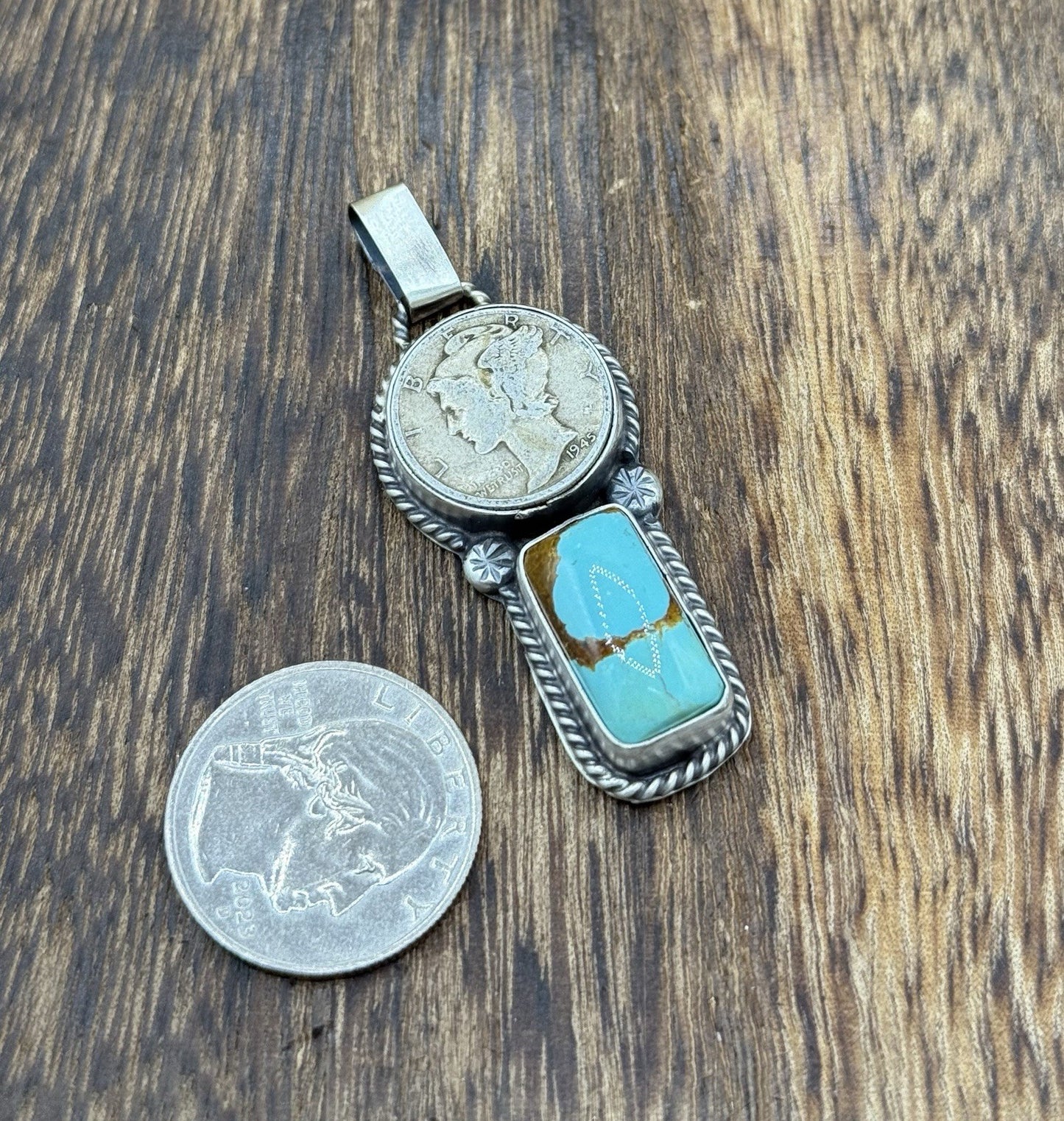 Navajo Handmade Sterling Silver Blue Glacier Turquoise Liberty Dime Coin Pendant