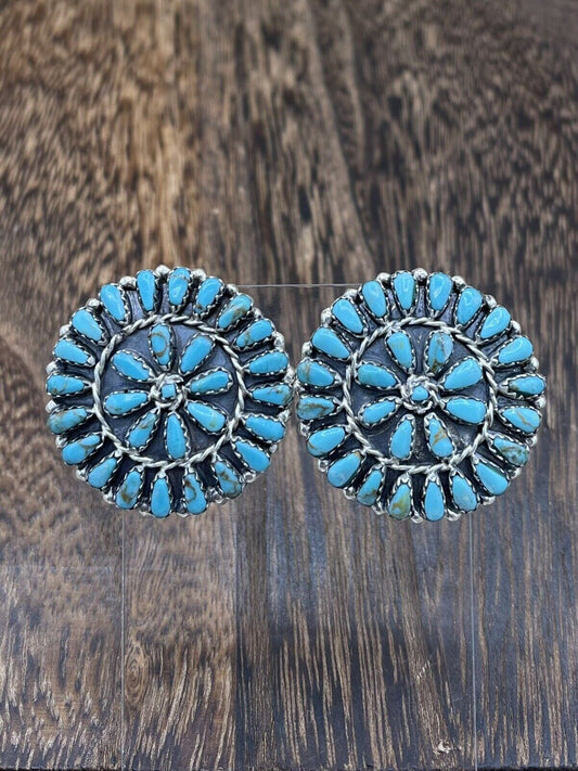 Native American Navajo Handmade Sterling Silver Turquoise Cluster Post earrings