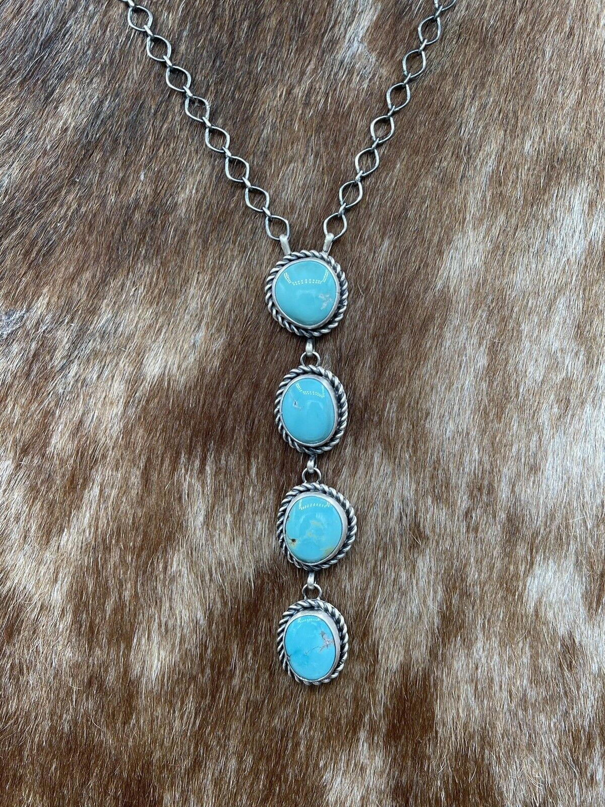 Native American Navajo Handmade Silver Kingman Turquoise Drop Bar Necklace 18”