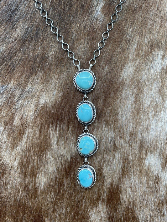 Native American Navajo Handmade Silver Kingman Turquoise Drop Bar Necklace 18”