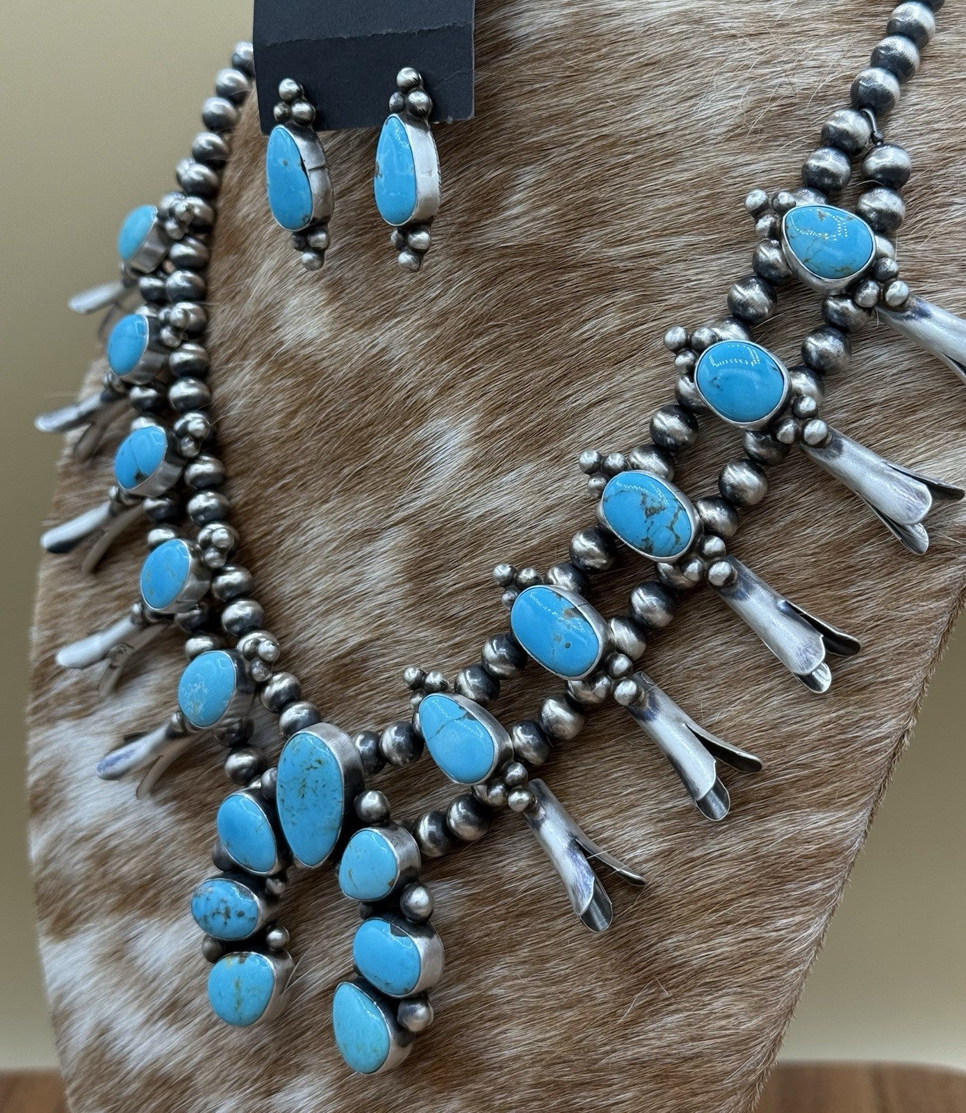 Navajo Handmade Sterling Silver Kingman Turquoise Squash Blossom Necklace 20”