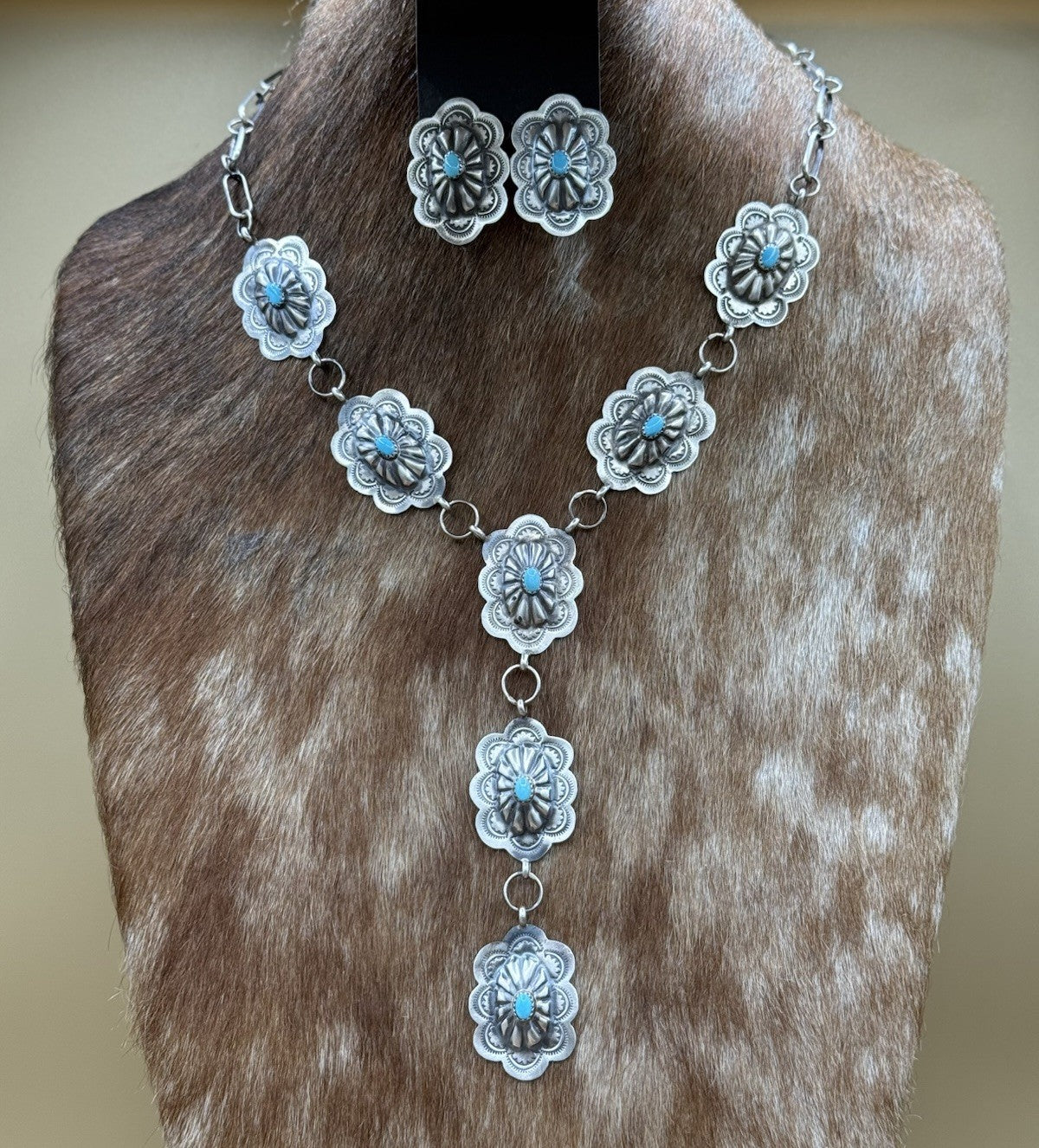 Navajo Handmade Sterling Silver Stamped Concho Turquoise Lariat Necklace Set 20”