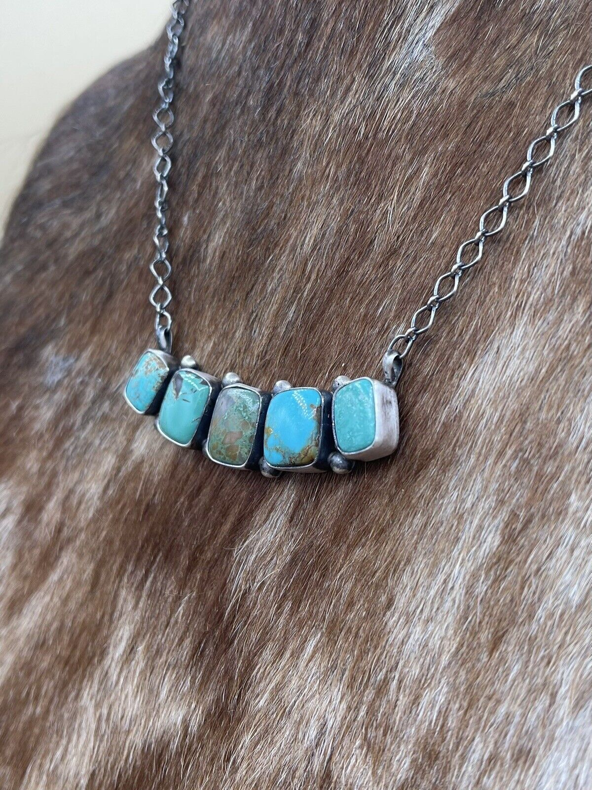 Native American Navajo Handmade Sterling Silver Mixed Turquoise Bar Necklace 18”