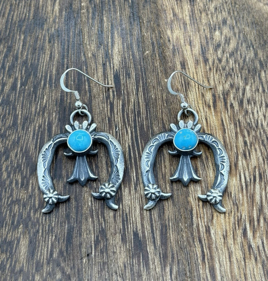 Navajo Handmade Sterling Silver Old Look Kingman Turquoise Earrings Kevin Billah
