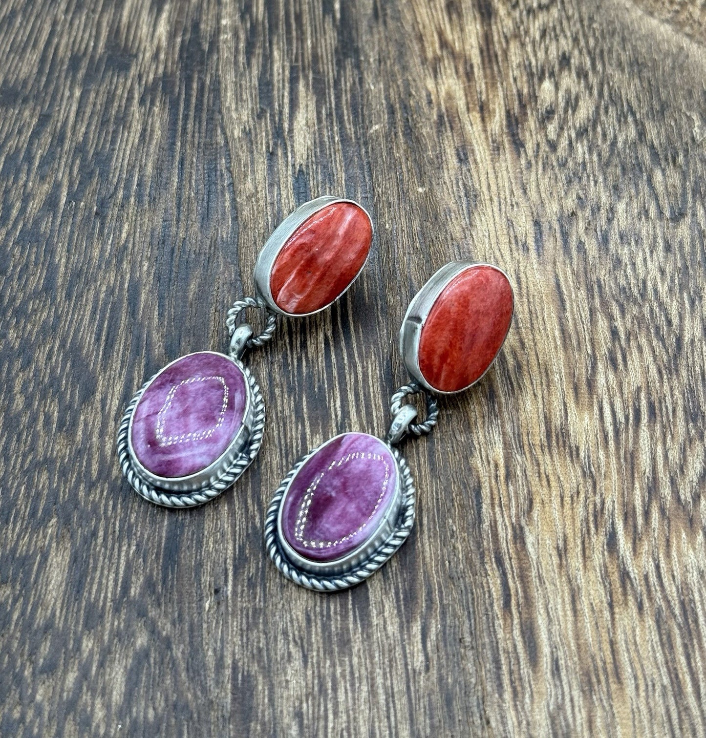 Navajo Handmade Sterling Silver Mixed Spiny Oyster Shell Post Dangle Earrings