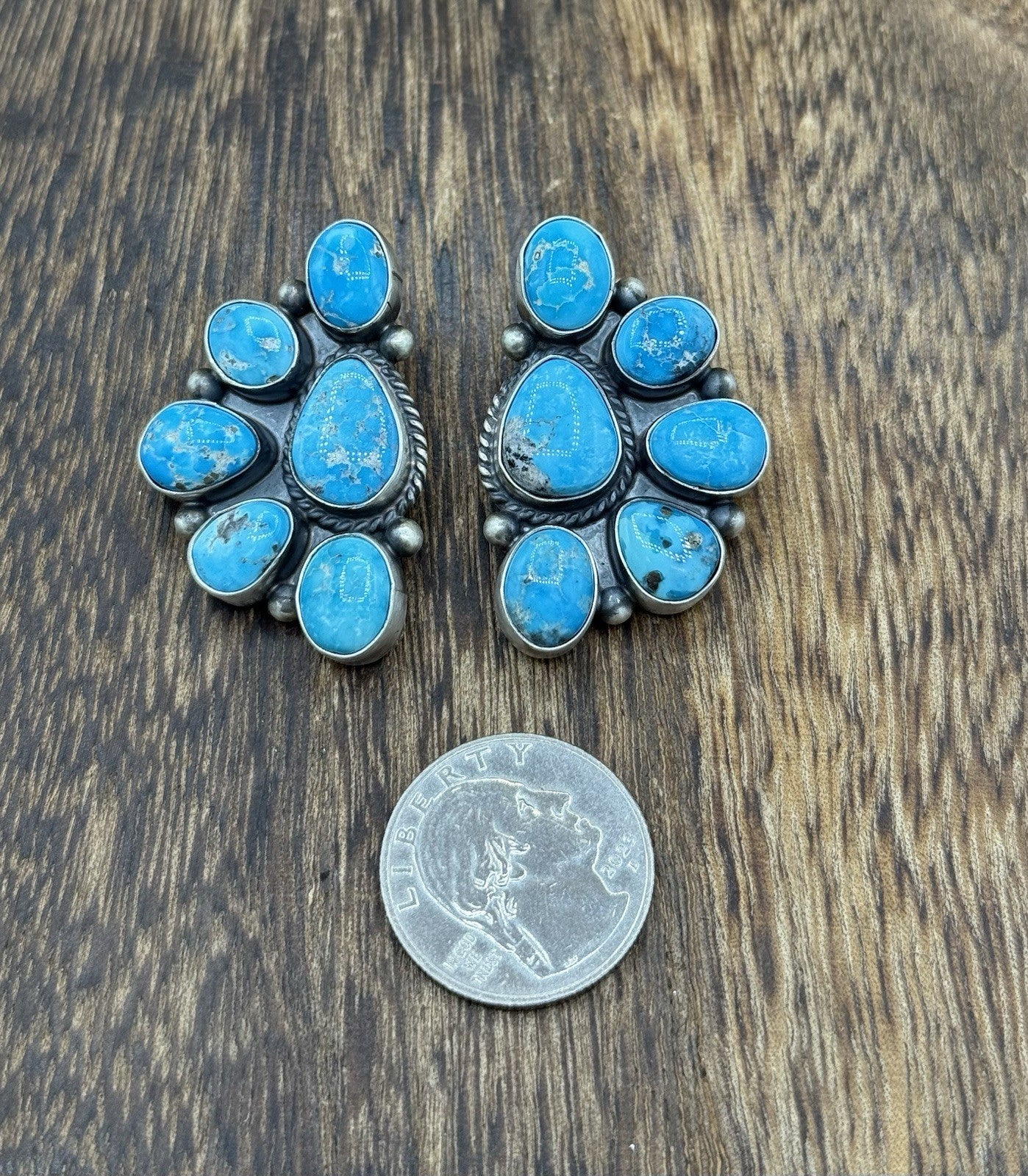 Navajo Handmade Sterling Silver Blue Ridge Turquoise Half Cluster Large Earrings