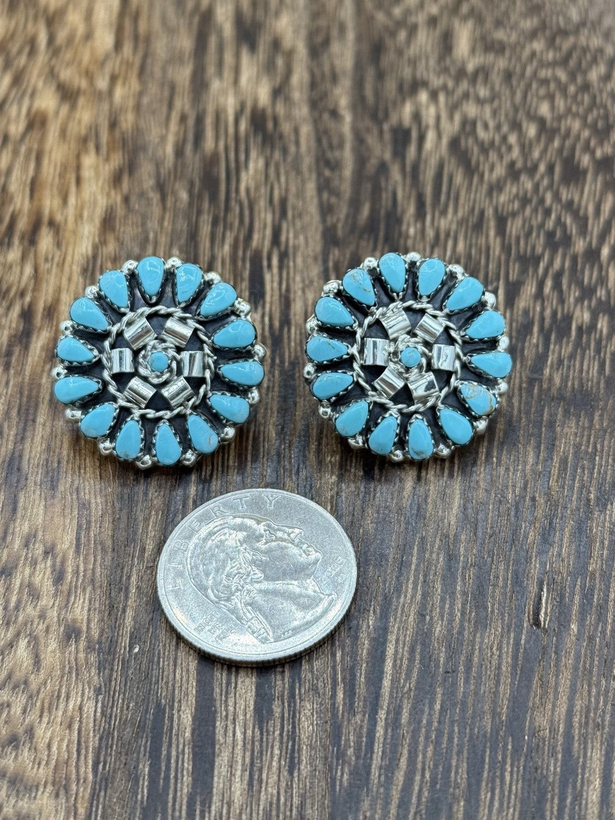 Native American Navajo Handmade Sterling Silver Turquoise Cluster Post earrings