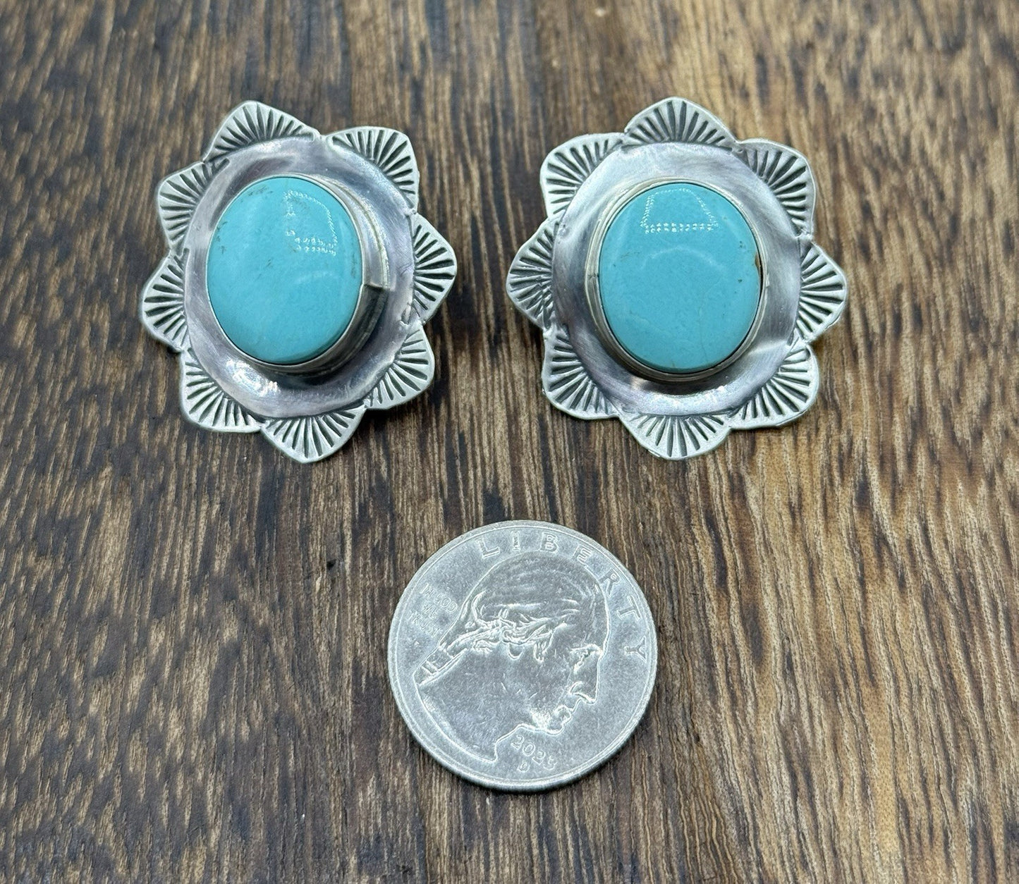 Navajo Handmade Sterling Silver Blue Glacier Turquoise Stamped Post Earrings