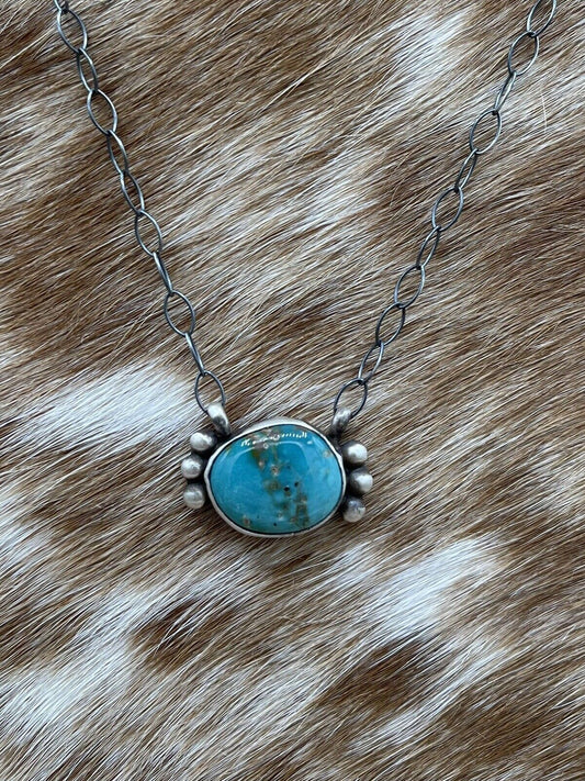 Native American Navajo Handmade Silver Kingman Turquoise Bar Necklace 18”