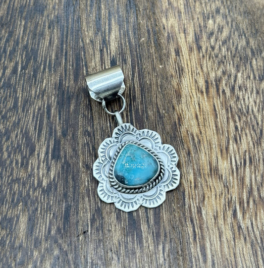 Navajo Handmade Sterling Silver Blue Bird Turquoise Stamped Design Drop Pendant