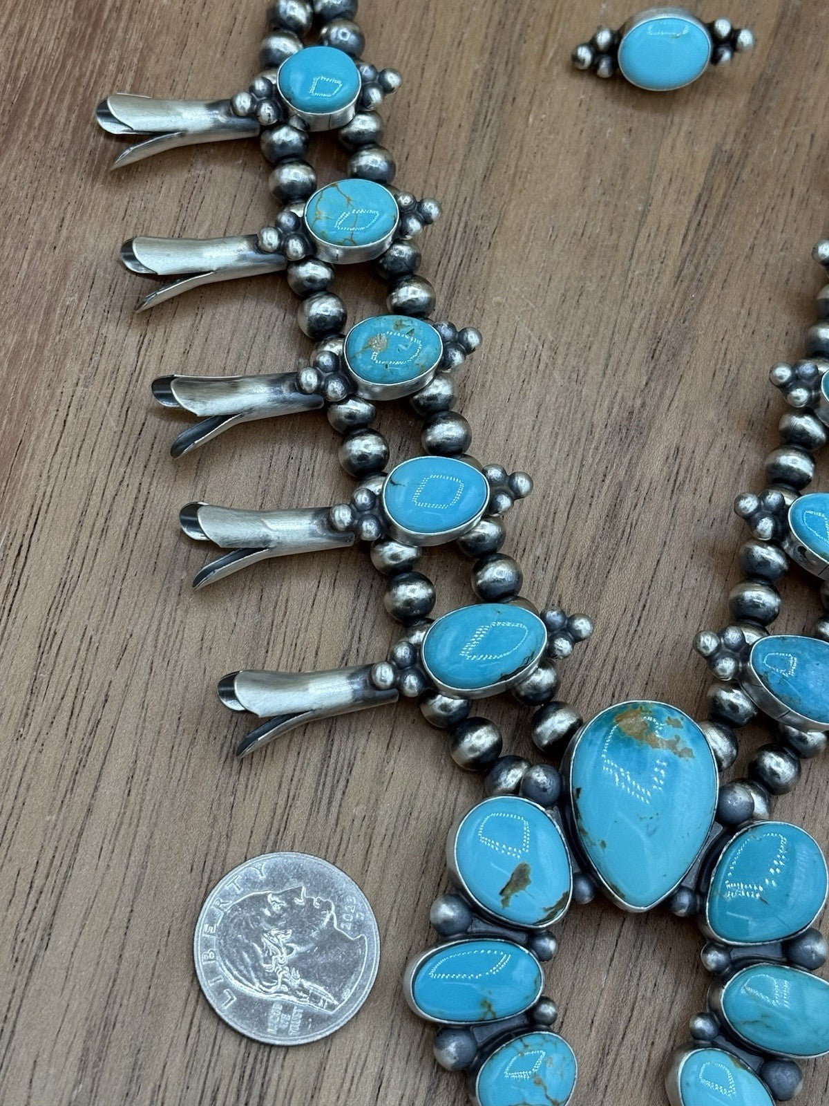 Navajo Handmade Sterling Silver Kingman Turquoise Squash Blossom Necklace 20”
