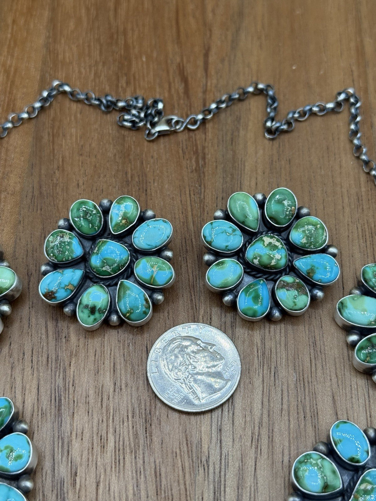 Navajo Handmade Sterling Silver Sonoran Turquoise Cluster Lariat Necklace 24”