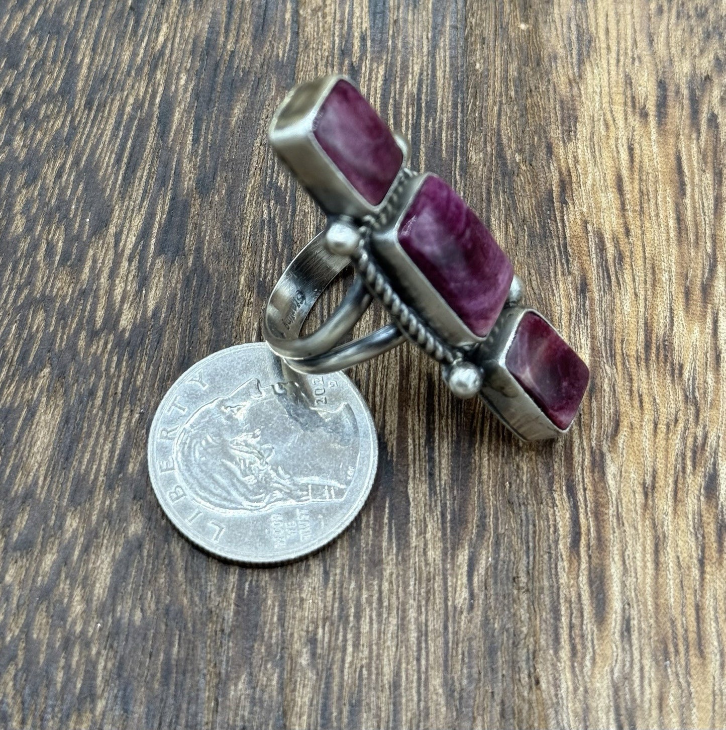 Navajo Handmade Sterling Silver Purple Spiny Oyster Shell Cluster Ring Size 9