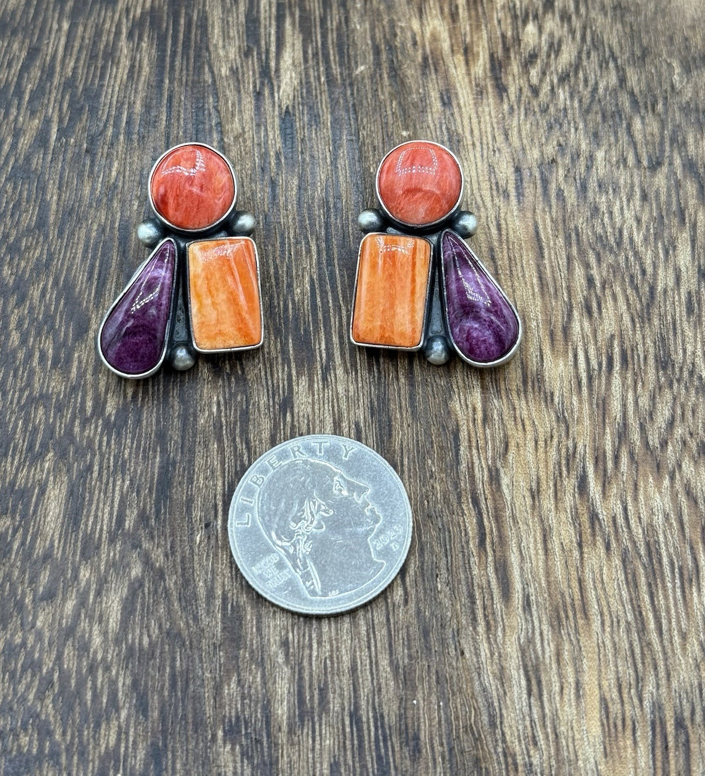 Navajo Handmade Sterling Silver Multi Color Spiny Oyster Shell Cluster Earrings