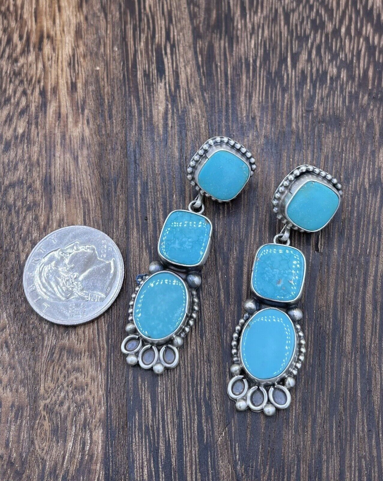 Native American Sterling Silver Navajo Handmade Turquoise Post Dangle Earrings