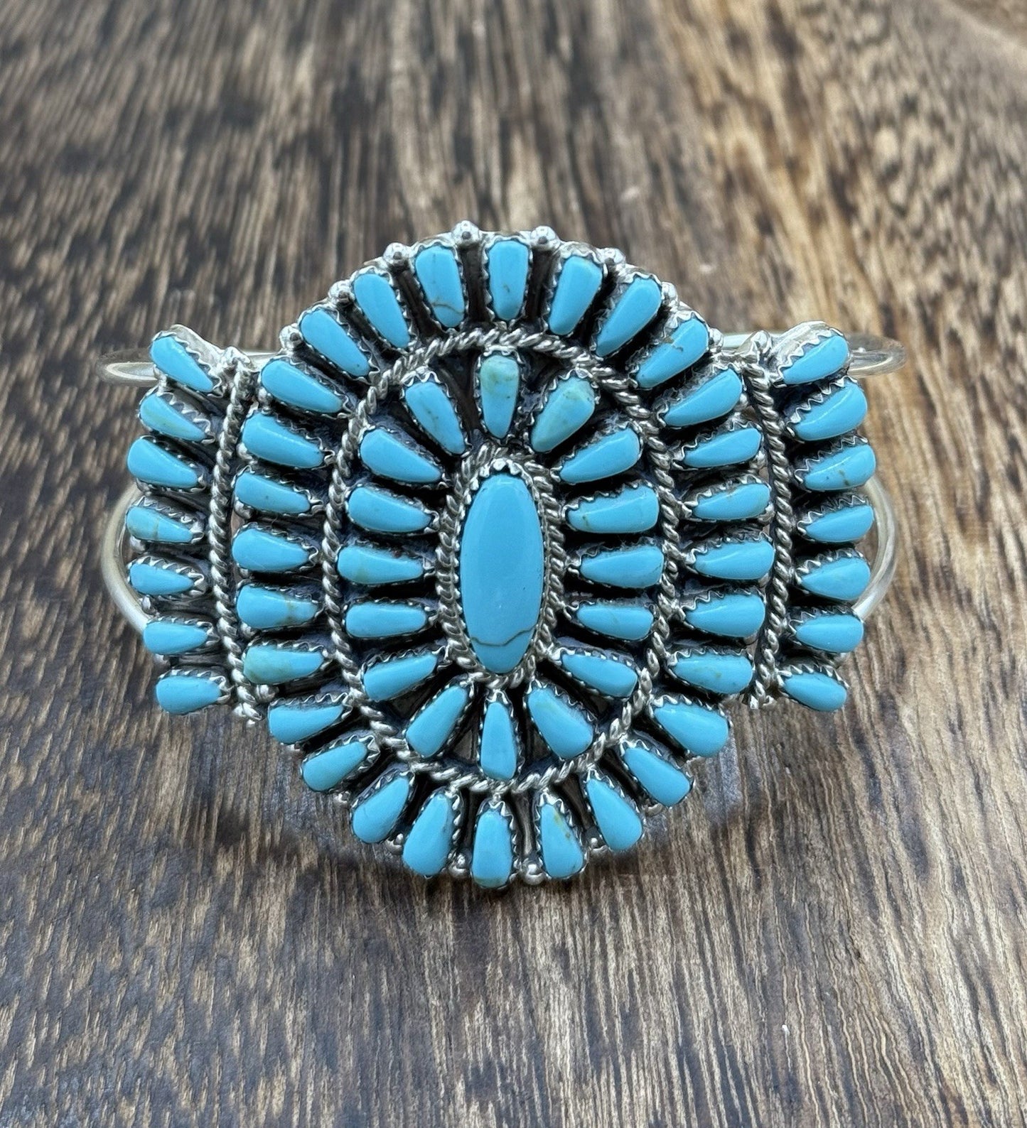 Native American Navajo Handmade Sterling Silver Turquoise Cluster Cuff Bracelet