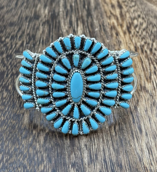 Native American Navajo Handmade Sterling Silver Turquoise Cluster Cuff Bracelet