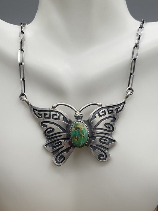 Native American Sterling Silver Navajo Handmade Turquoise Butterfly Necklace