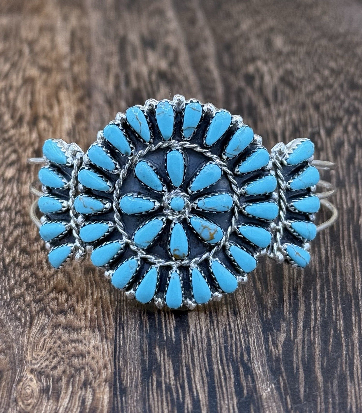 Native American Navajo Handmade Sterling Silver Turquoise Cluster Cuff Bracelet