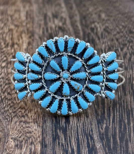 Native American Navajo Handmade Sterling Silver Turquoise Cluster Cuff Bracelet