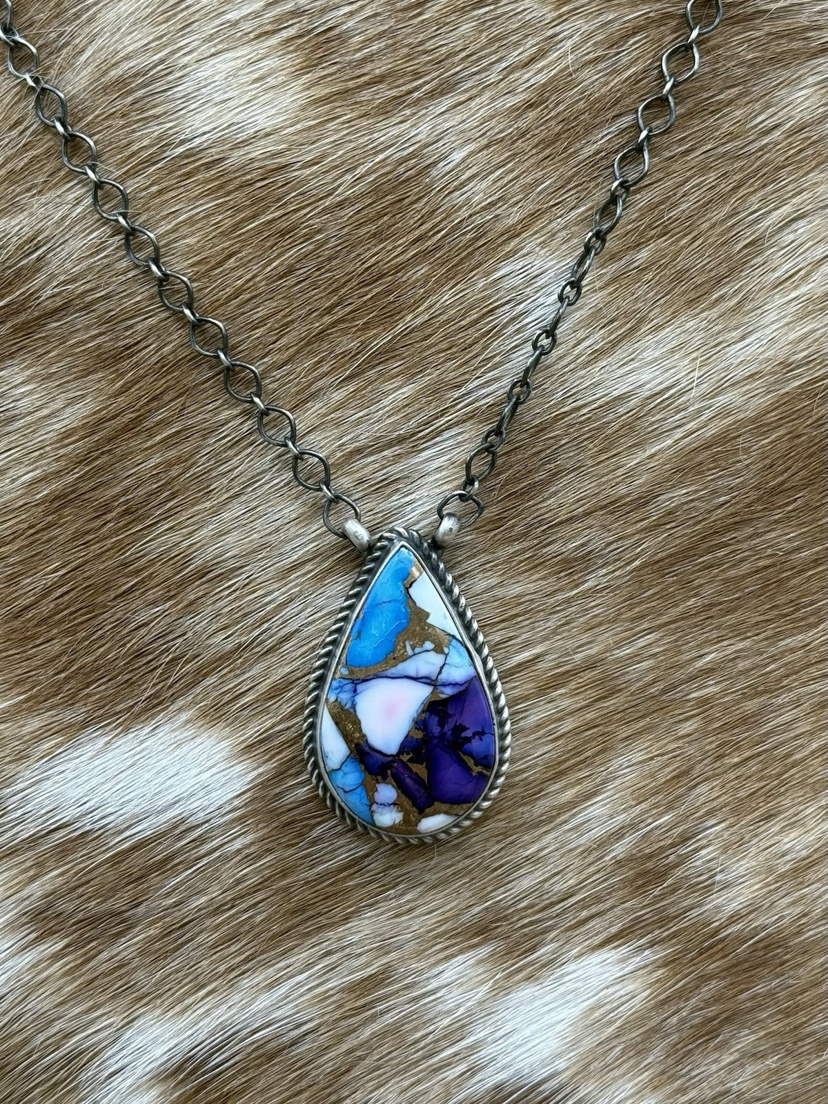 Navajo Handmade Sterling Silver Violet Rose & Blue Dahlia Bar Necklace 18”