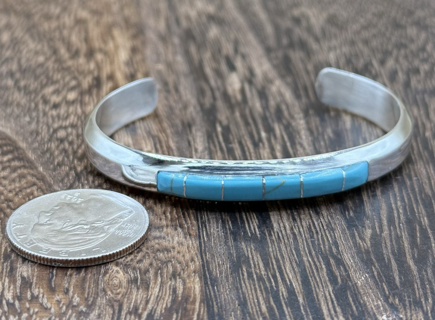 Navajo Handmade Sterling Silver Kingman Turquoise Inlay Bracelet Martha Living.