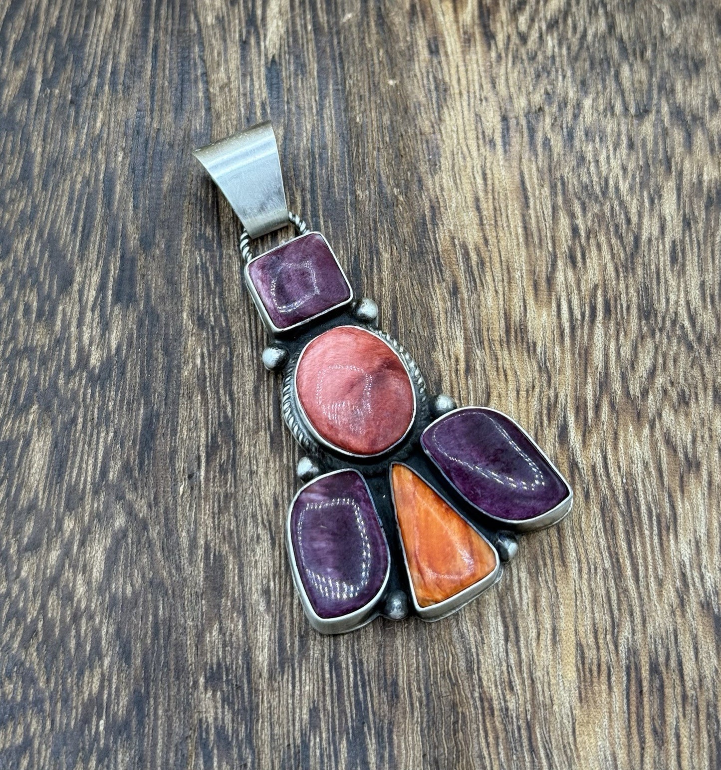 Native Navajo Handmade Sterling Silver Multi Spiny Oyster Shell Cluster Pendant