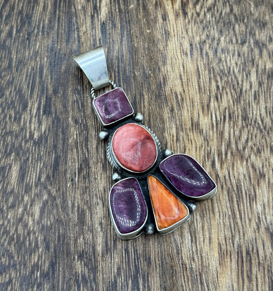 Native Navajo Handmade Sterling Silver Multi Spiny Oyster Shell Cluster Pendant