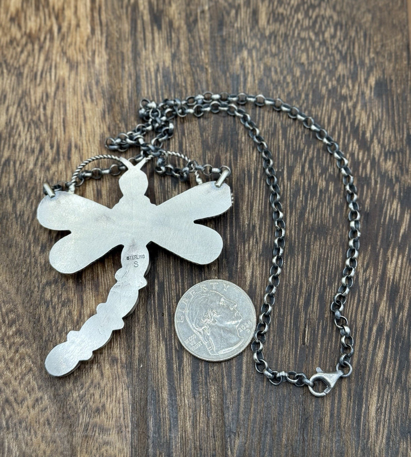 Navajo Handmade Sterling Silver Orange Spiny Oyster Dragonfly Bar Necklace 18”