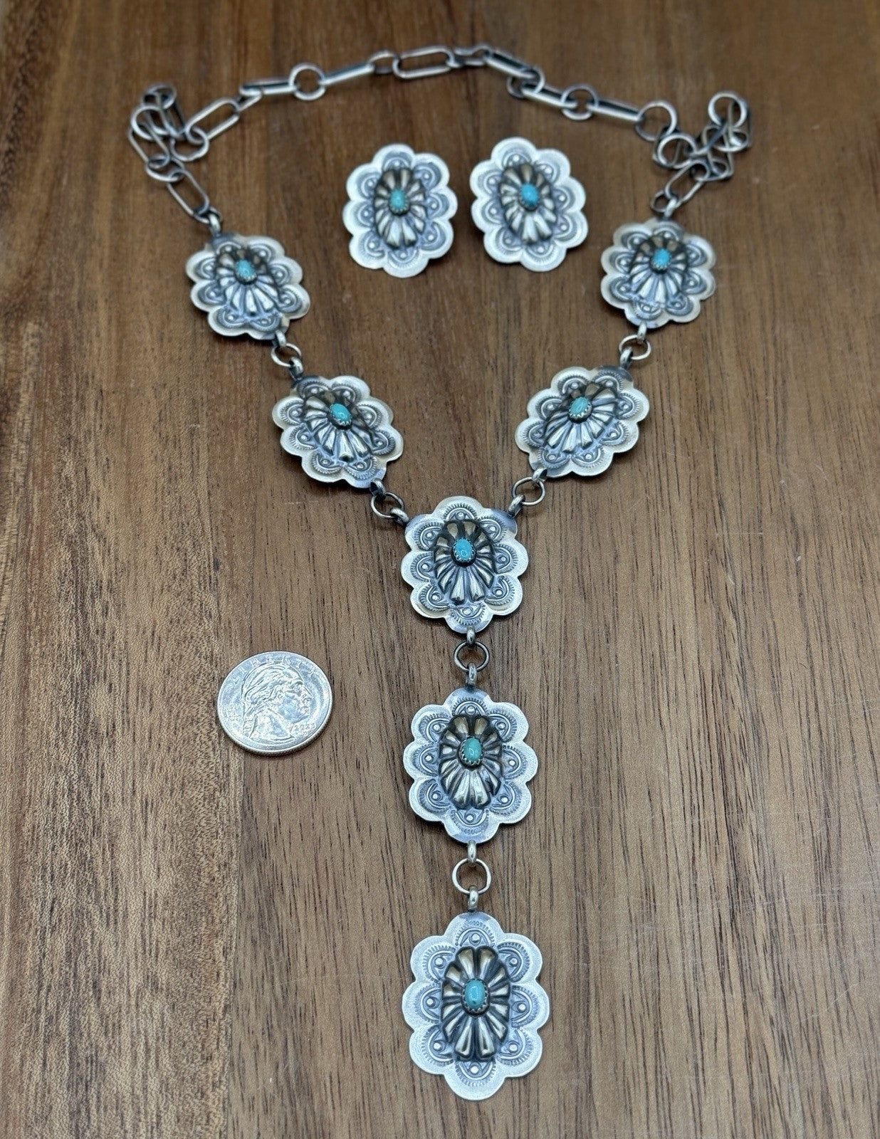 Navajo Handmade Sterling Silver Stamped Concho Turquoise Lariat Necklace Set 20”