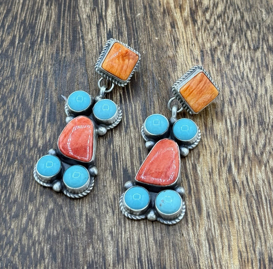 Navajo Handmade Sterling Silver Turquoise & Spiny Oyster Post Dangle Earrings