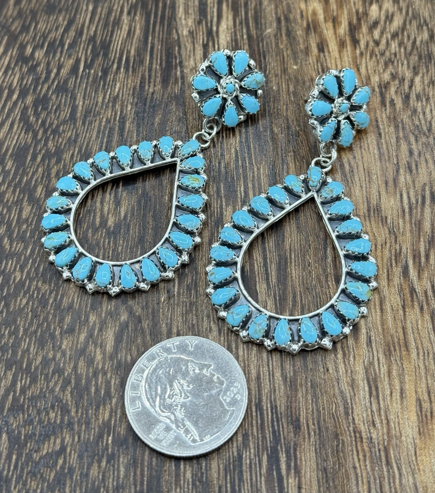 Navajo Handmade Sterling Silver Turquoise Cluster Post Drop earrings Large
