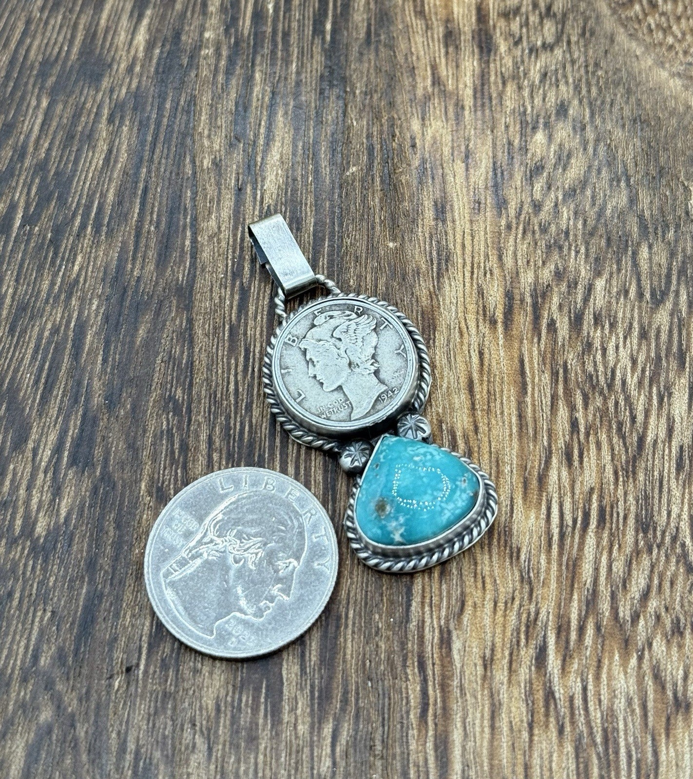 Navajo Handmade Sterling Silver White Water Turquoise Liberty Dime Coin Pendant