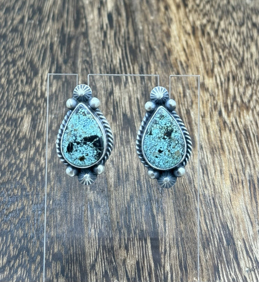 Navajo Handmade Sterling Silver Blackjack Turquoise Old Look Post Stud Earrings