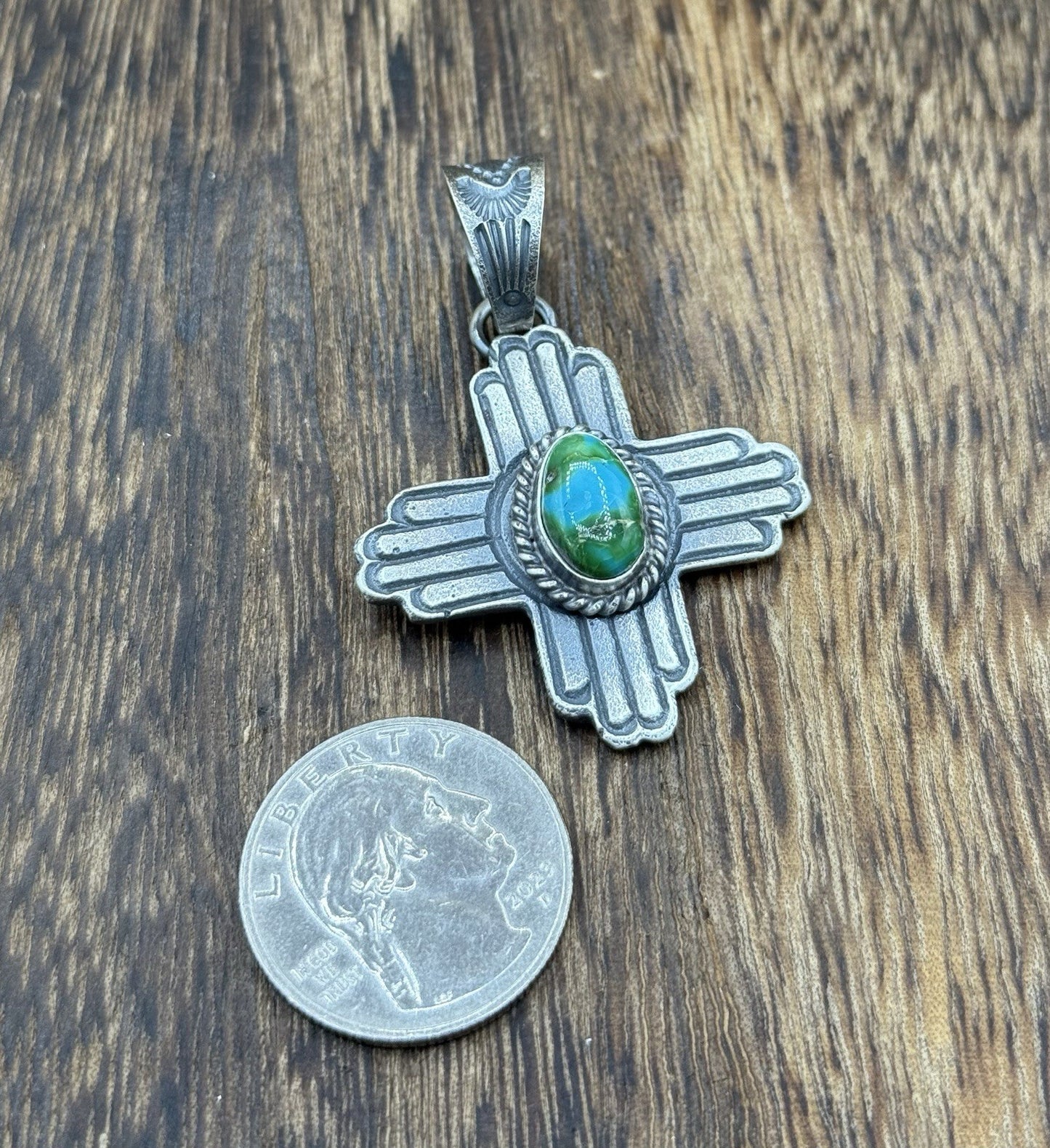 Navajo Handmade Sterling Silver Old Look Sonoran Gold Turquoise Zia Pendant